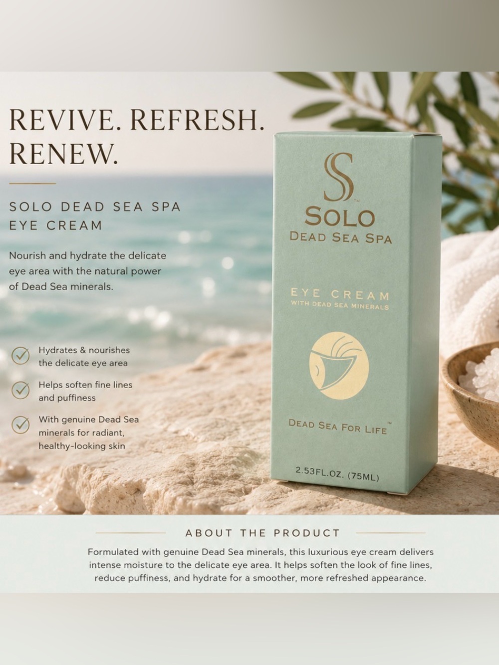 SOLO Dead Sea Spa Eye Cream with Dead Sea Minerals 75 mL NIB